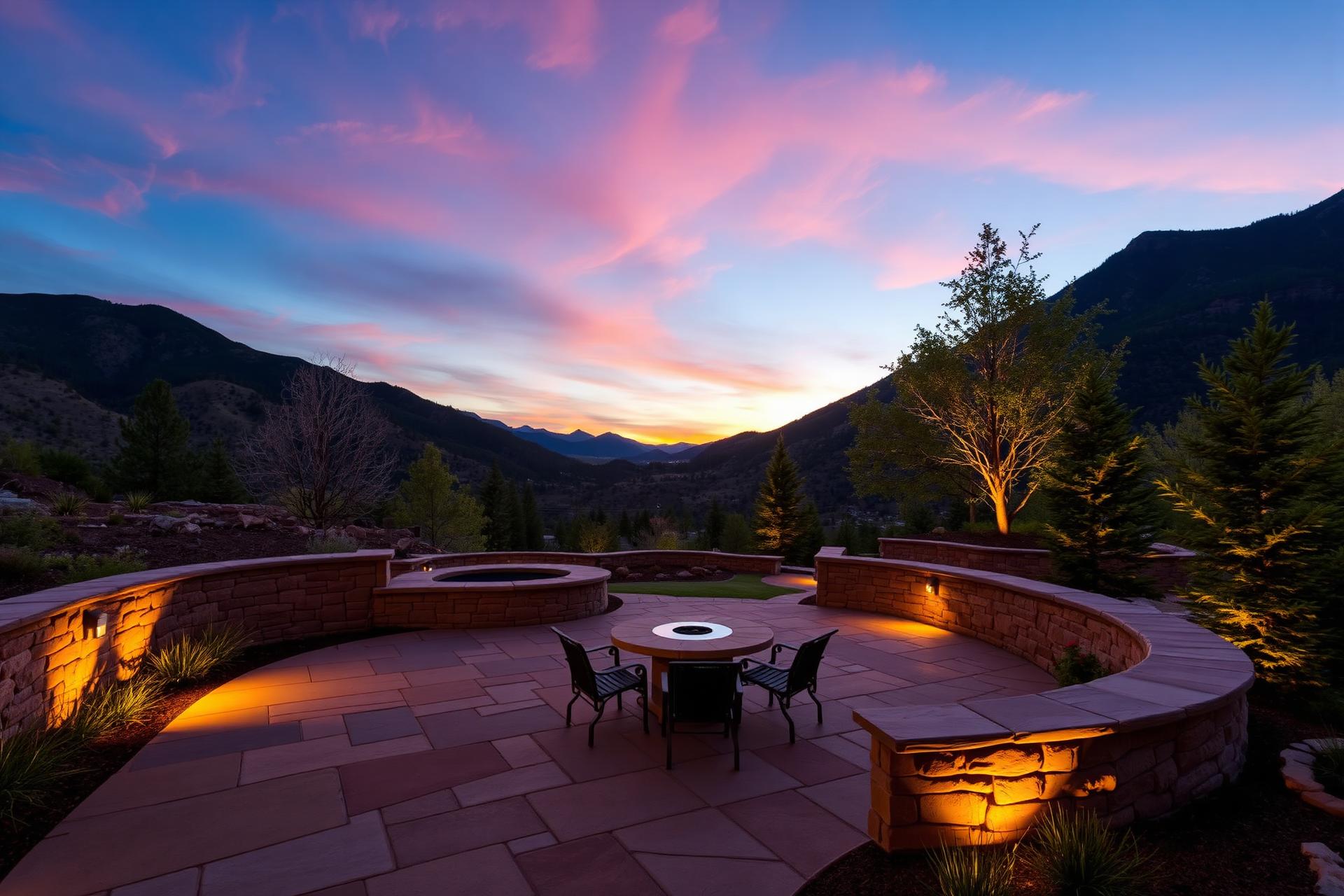 Custom flagstone patio at twilight in the Colorado mountains